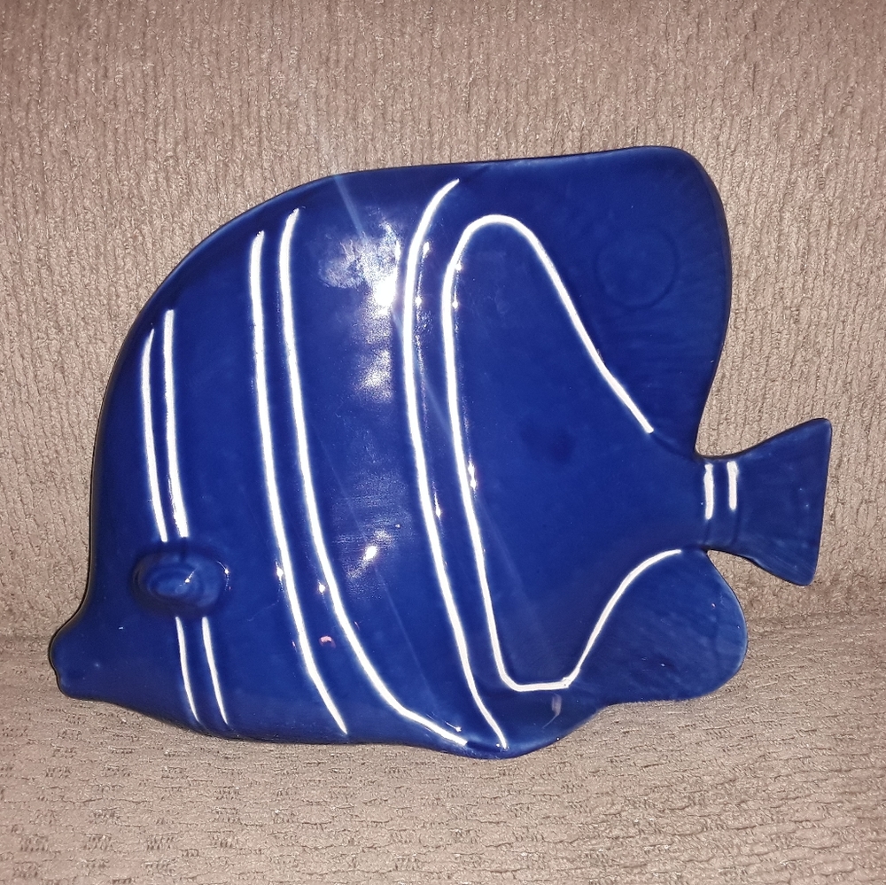 Vintage Harris Pottery Chicago USA Fish Blue White MCM Retro Mid Century Modern